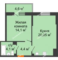1 комнатная квартира 43,8 м² в ЖК Южане, дом Литер 3 - планировка