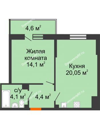 1 комнатная квартира 43,8 м² в ЖК Южане, дом Литер 3