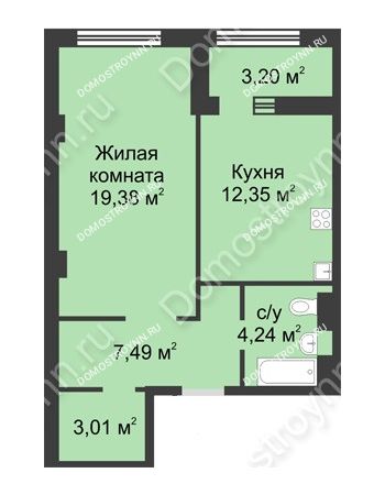 1 комнатная квартира 48,07 м² в ЖК Караваиха, дом № 5