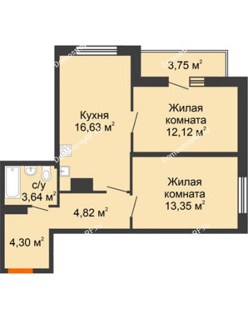 2 комнатная квартира 58,61 м² в ЖК Рассвет, дом № 8