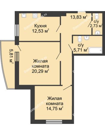 2 комнатная квартира 75 м² в ЖК Тихий Дон, дом № 1