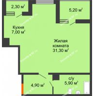 Студия 51,8 м² в ЖК Самолет, дом 1 очередь - Литер 2 - планировка
