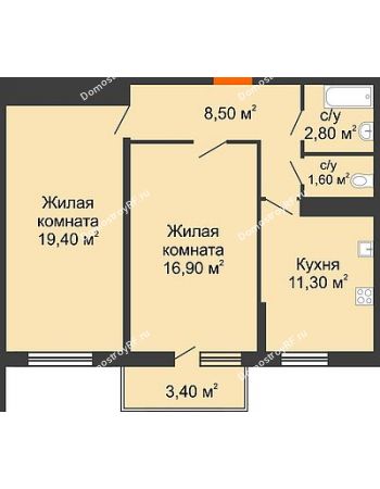 2 комнатная квартира 62,7 м² в ЖК Fresh (Фреш, Белые Паруса), дом Литер 2
