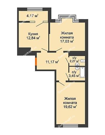 2 комнатная квартира 68,47 м² в ЖК Сердце, дом № 1