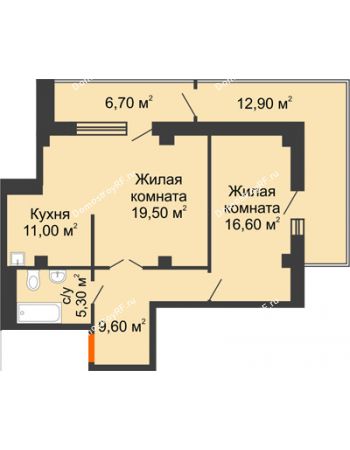 2 комнатная квартира 69,3 м² в ЖК Взлетная 7, дом 1-2 корпус