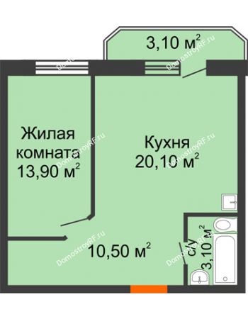 1 комнатная квартира 48,5 м² в ЖК Снегири, дом № 4