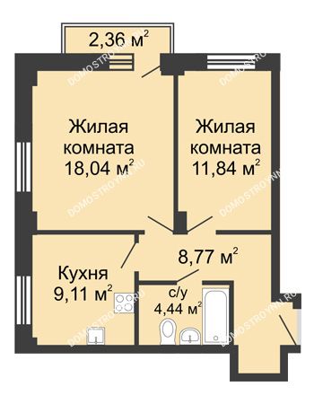 2 комнатная квартира 52,9 м² - ЖК Каскад на Волжской