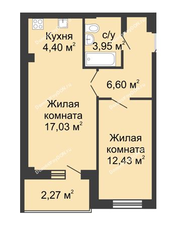 2 комнатная квартира 45,11 м² в ЖК Соловьиная роща, дом № 4