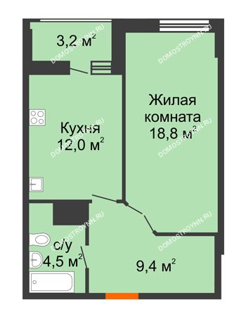 1 комнатная квартира 46,3 м² в ЖК Квартет, дом № 3