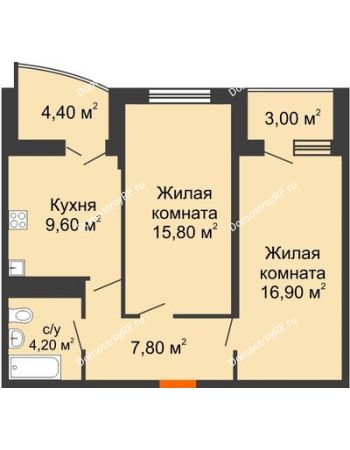 2 комнатная квартира 58 м² в ЖК Дружный, дом Литер 2.3