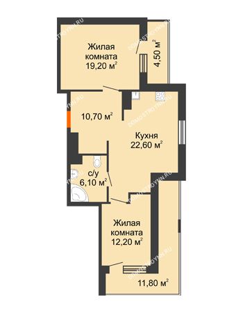 2 комнатная квартира 78,95 м² в ЖК Корица, дом № 1