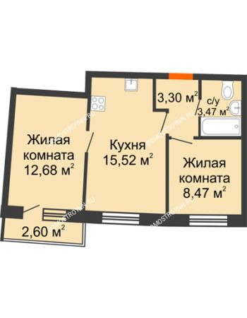 2 комнатная квартира 45,91 м² в ЖК Ватсон, дом № 4