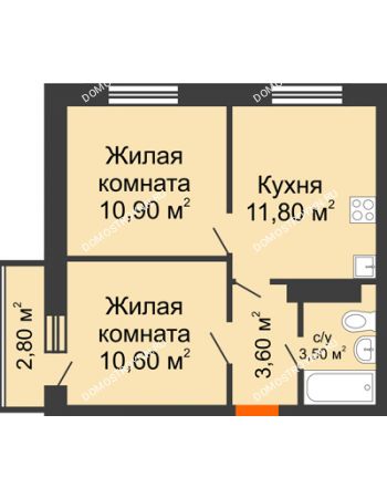 2 комнатная квартира 40,4 м² в ЖК Торпедо, дом № 1