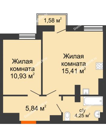 2 комнатная квартира 41,79 м² - ЖК West Side (Вест Сайд)