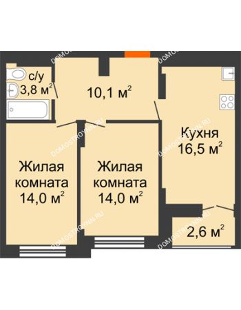 2 комнатная квартира 59,2 м² в ЖК Заречье, дом №1, секция 2