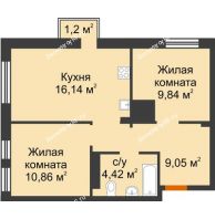 3 комнатная квартира 51,51 м² в ЖК Сердце Сибири, дом Квартал Геологов, ГП-2 - планировка