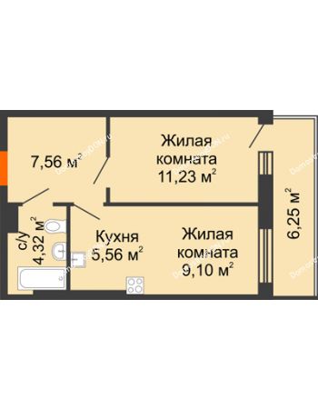 2 комнатная квартира 44,02 м² в ЖК Днепровская Роща, дом № 1