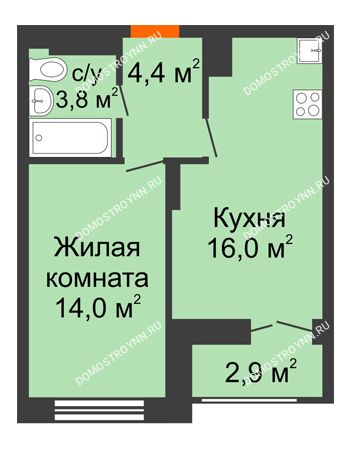 1 комнатная квартира 39,7 м² в ЖК Заречье, дом № 1, секция 2